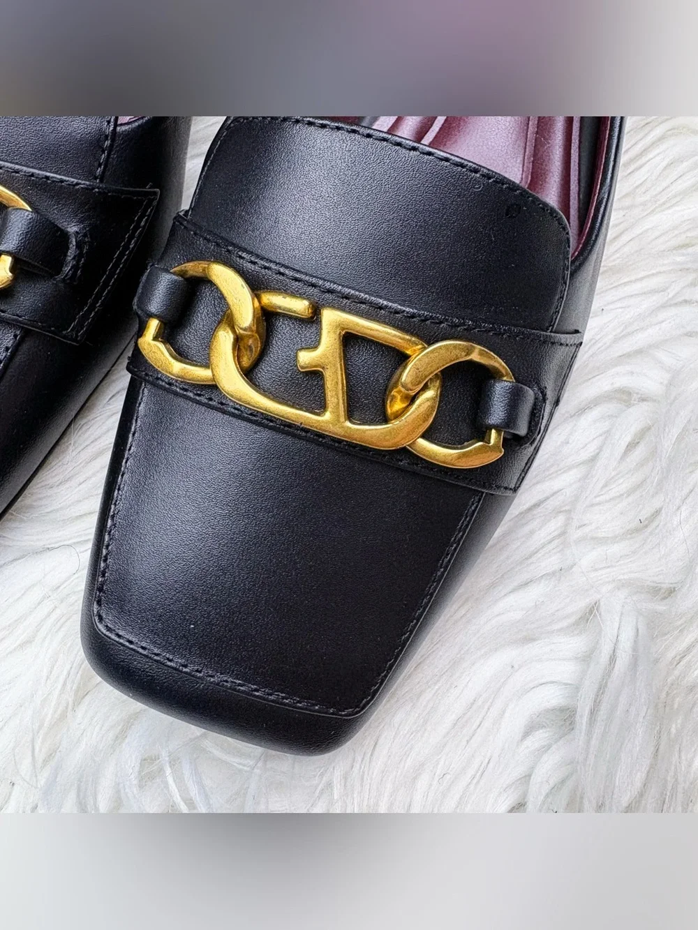 Franco Sarto Tiari Square Toe Loafer Flats Black Smooth Leather Gold Chain NEW 8
